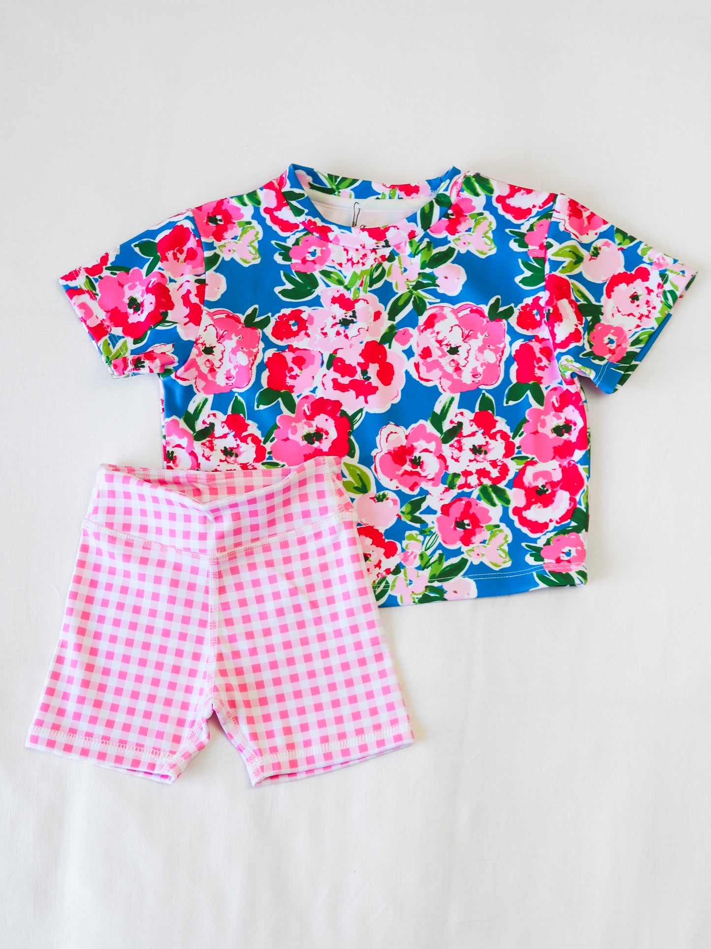 Toddle girl pink floral plaid shorts summer style outfit