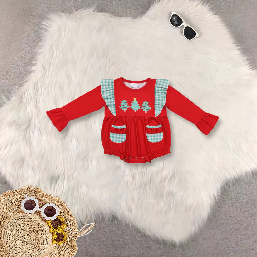 baby girl christmas tree red shirt long sleeve plaid pants outfit