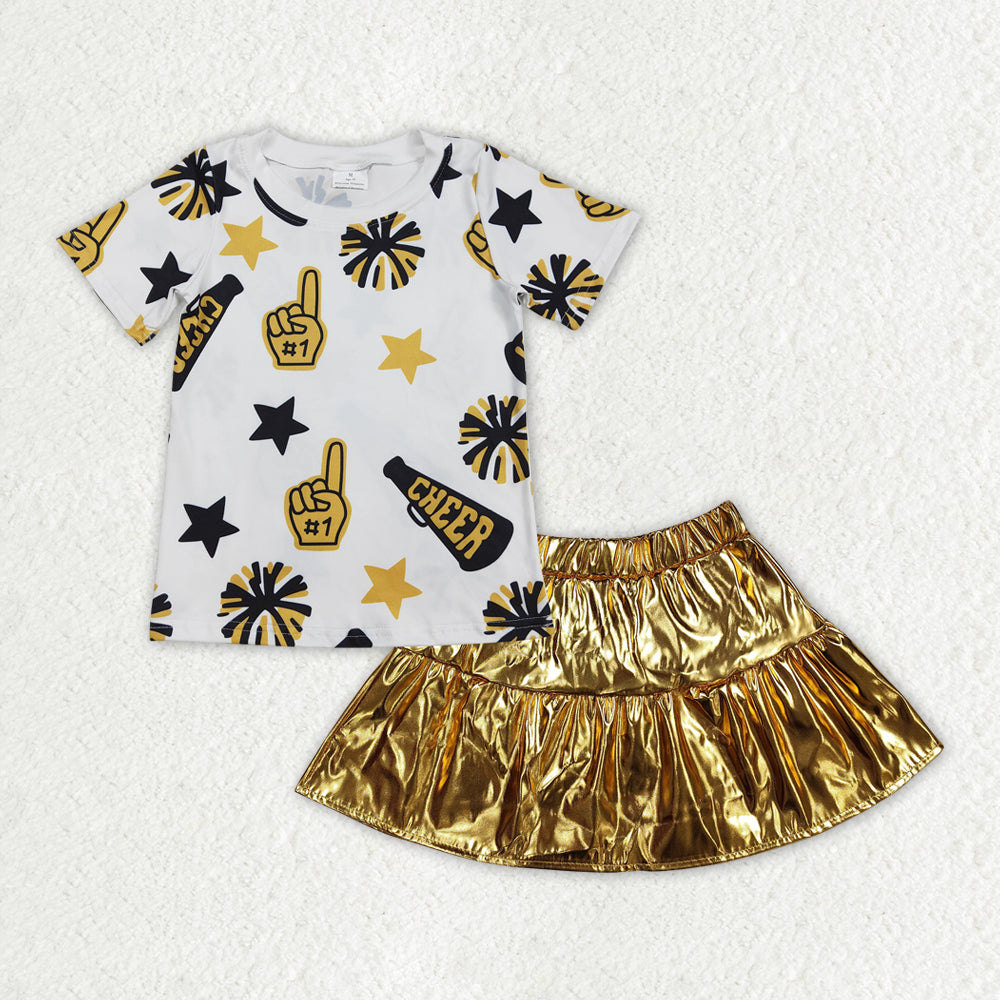 Girls yellow cheer shirt pu skirts girl summer outfit
