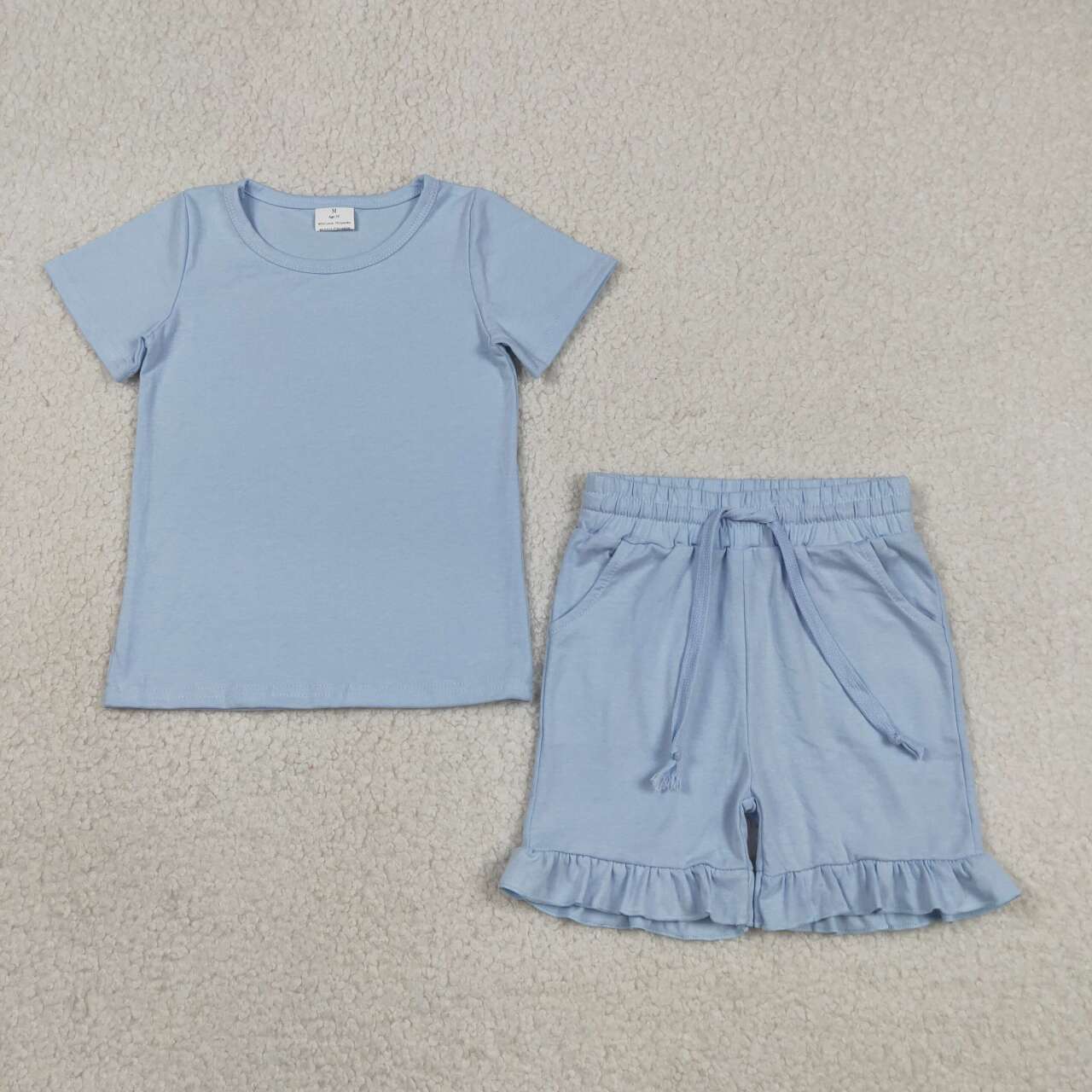 Blue short sleeve top matching shorts girls summer outfit