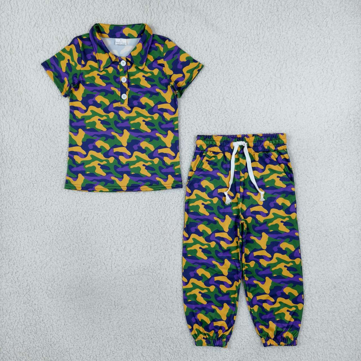 Mardi gras camo print long sleeve top matching pants boy outfit