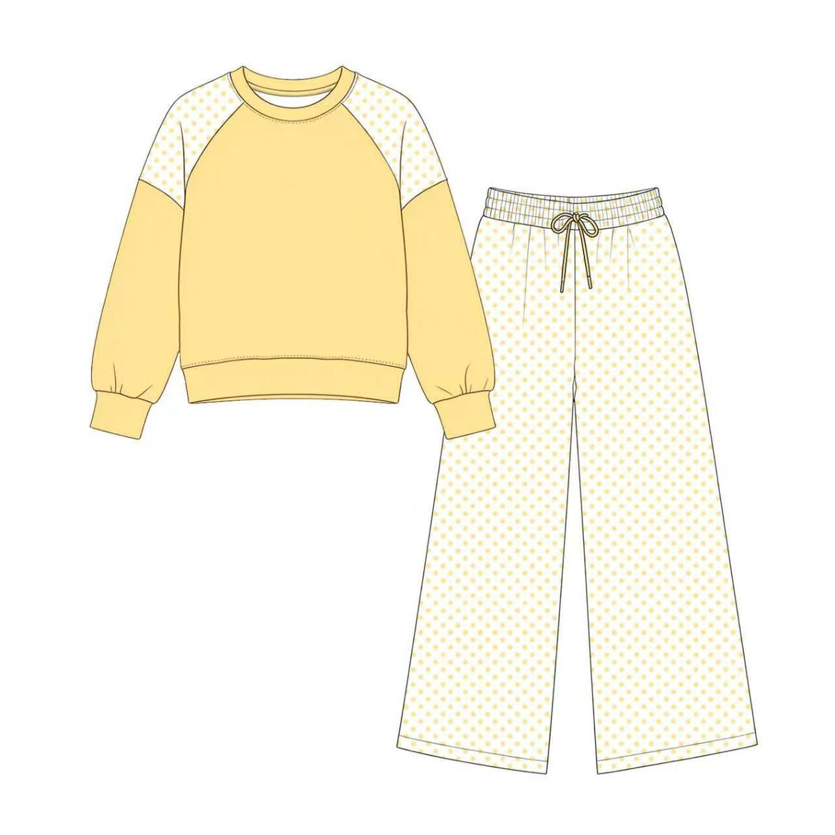 Yellow color polka dots design long sleeve top pants set