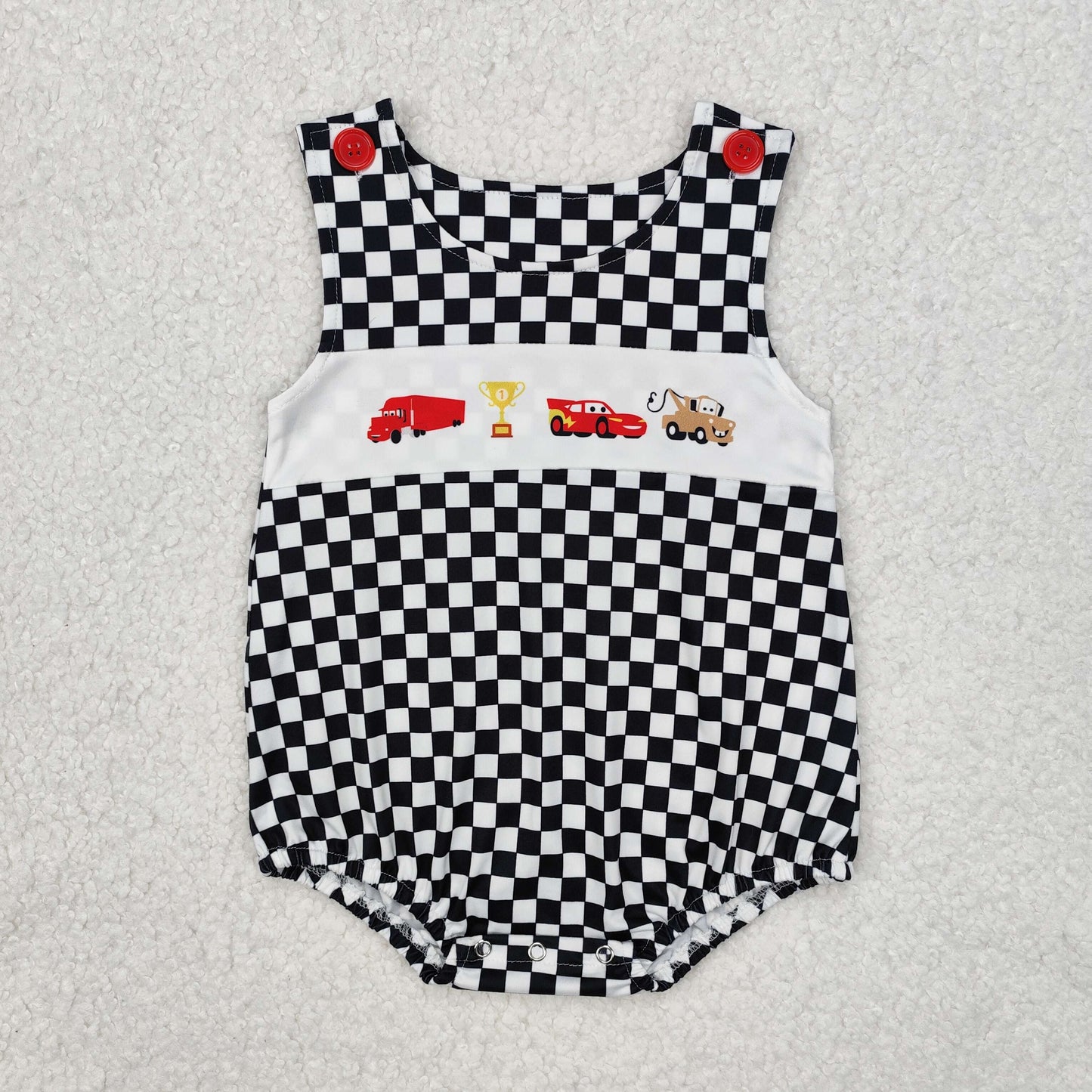Cartoon car red top black checkered shorts baby boy matching outfit