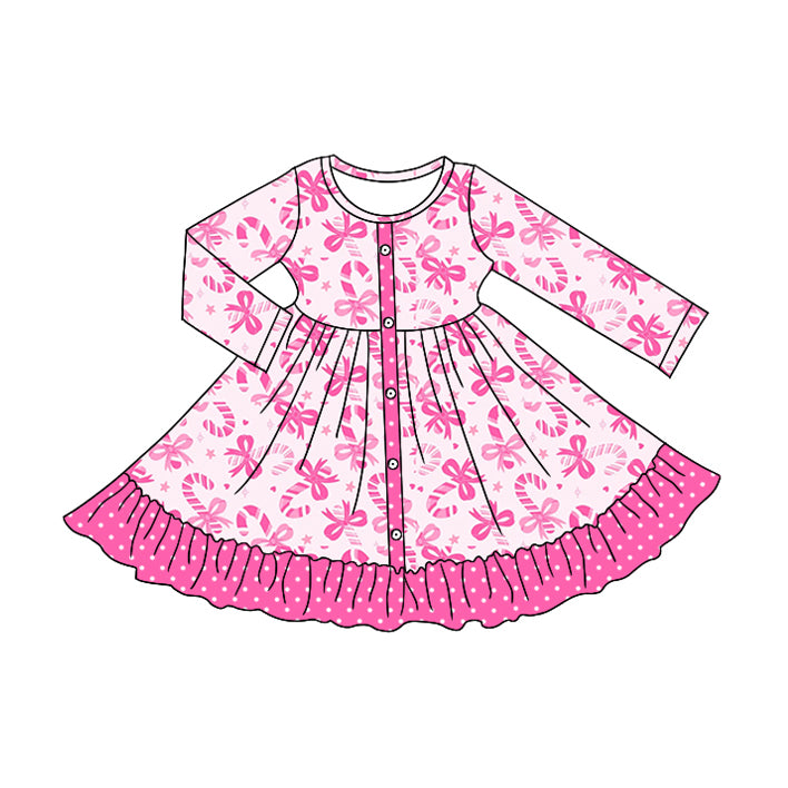 Toddle girls Christmas candy cane pink bow design long sleeve dress