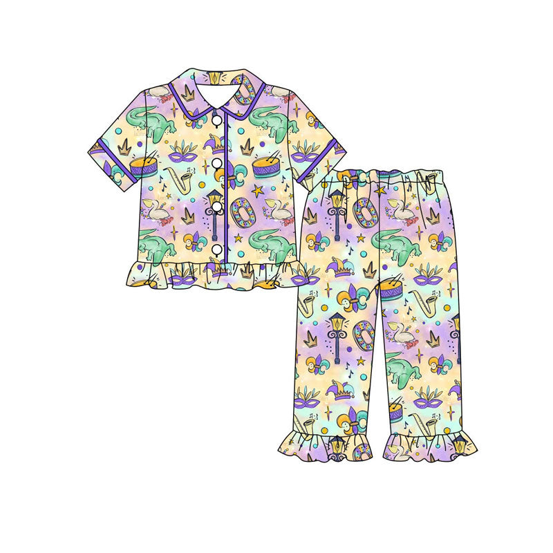 Mardi Gras kids girls short sleeve pajama set wholesal factory price