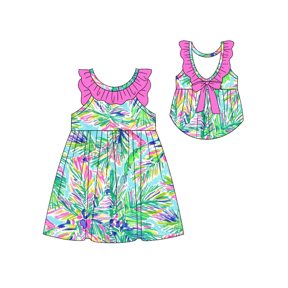 wholesale girls hot pink green floral dress