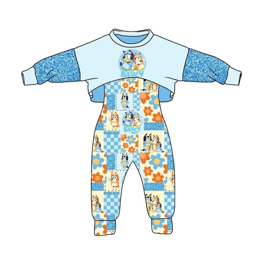 blue dog cartoon jumpsuit 2pcs clothes set, moq 5