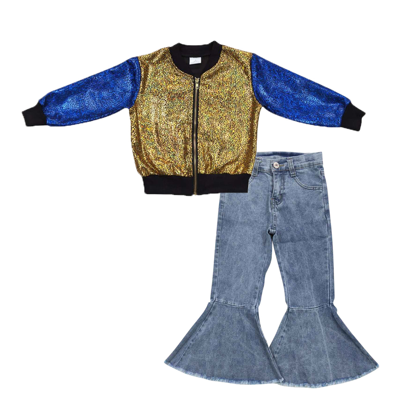 baby girls long sleeve shiny coat jacket flare jeans bell bottoms outfit
