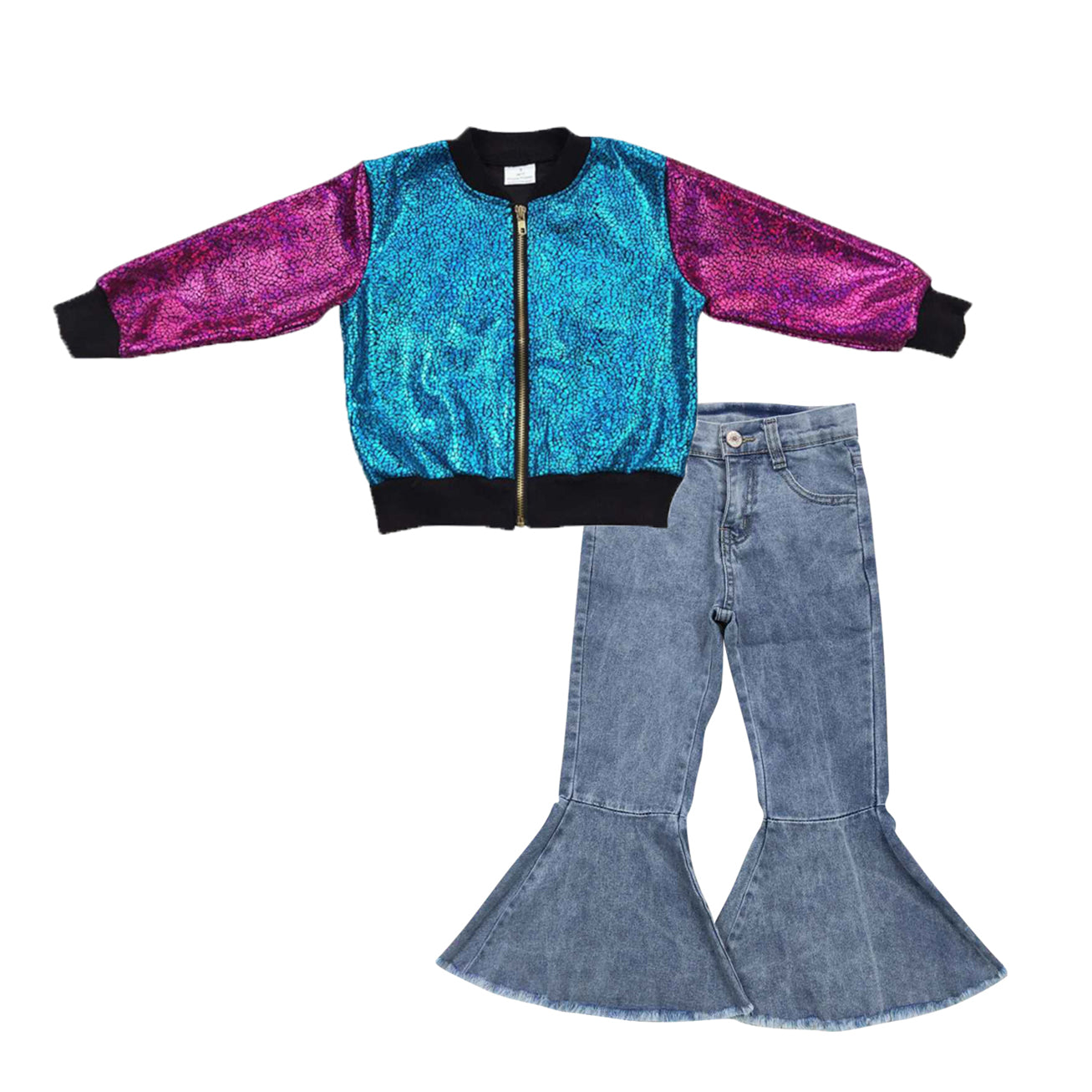 baby girls long sleeve shiny coat jacket flare jeans bell bottoms outfit