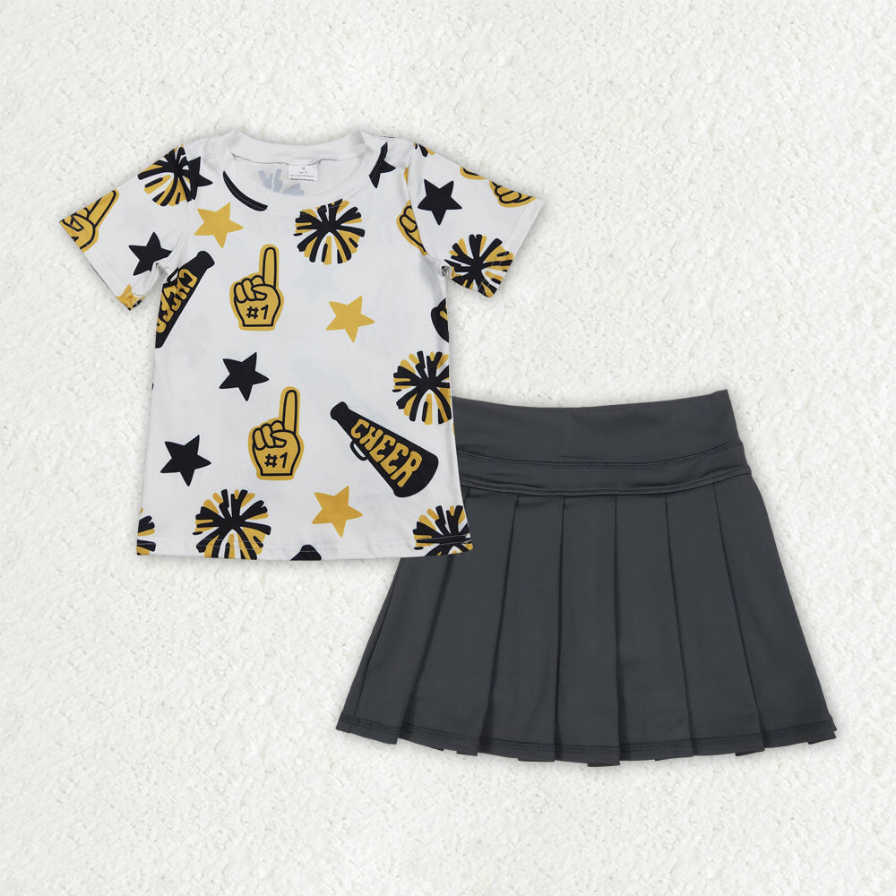 Girls yellow cheer shirt matching yoga skirt summer outfit