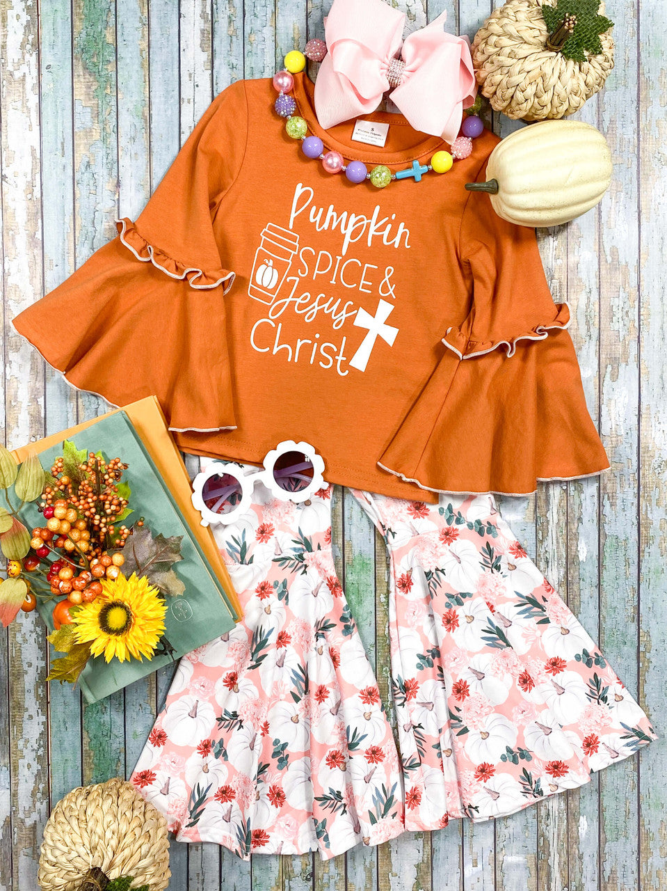 toddle baby girls pumpkin jesus top floral bell bottoms clothes preorder