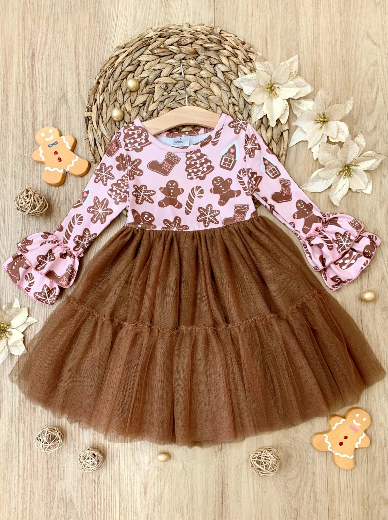 baby girls christmas tree gingerbread long sleeve tulle dress