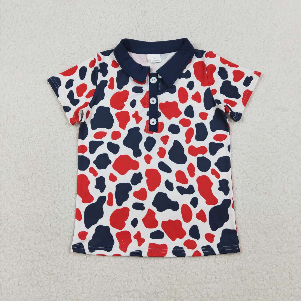Red blue cow print boy short sleeve pullover top