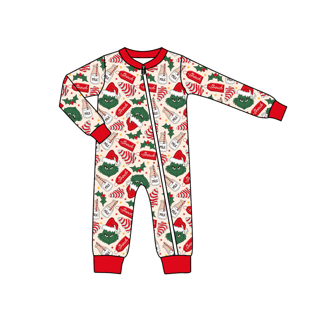 newborn baby boy christmas green face long sleeve zip romper