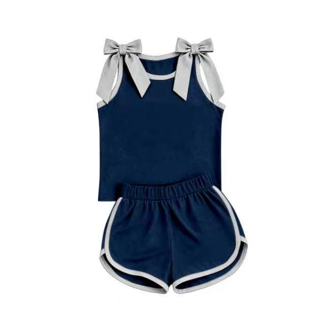 Solid color bow top matching shorts girls summer outfit