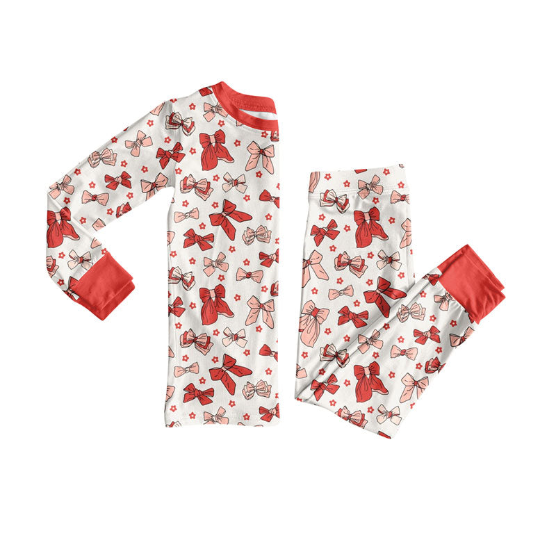 pink red bow print kids pajama set wholesal factory price