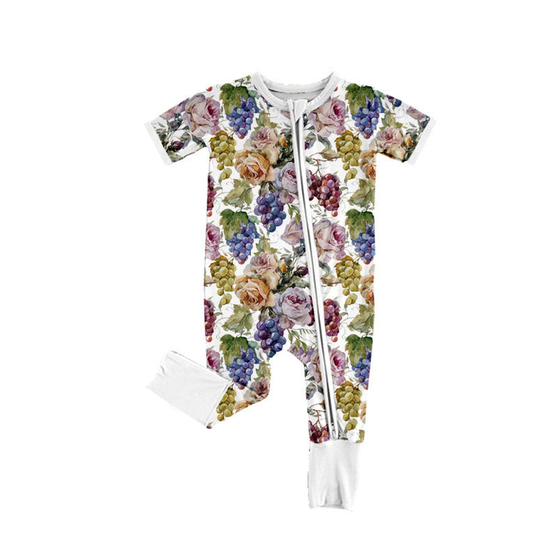 Floral grapes design kids short sleeve zip romper