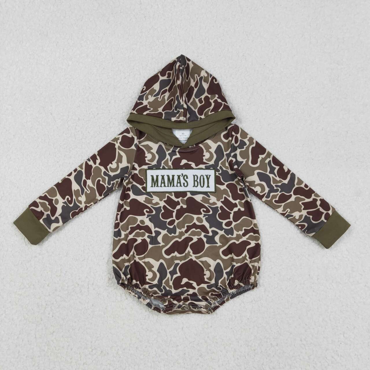 Emebroidery Mamas boy camo design long sleeve hoodie romper