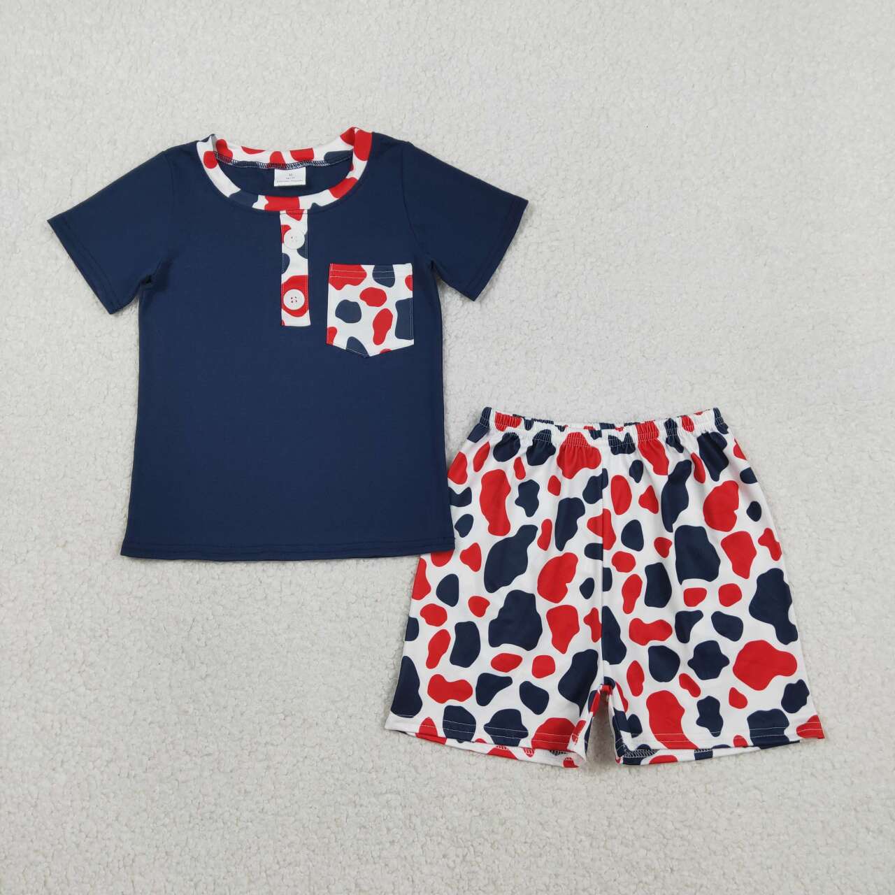 Red blue cow print top matching shorts boy summer outfit