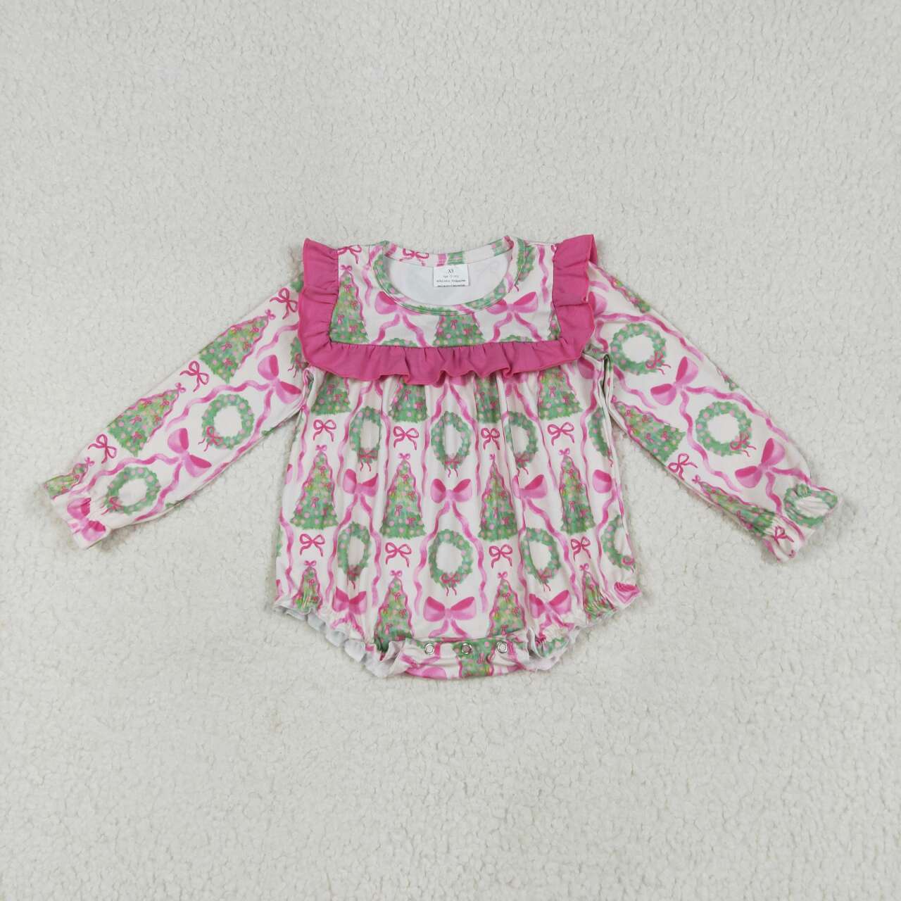 Christmas tree pink bow long sleeve romper