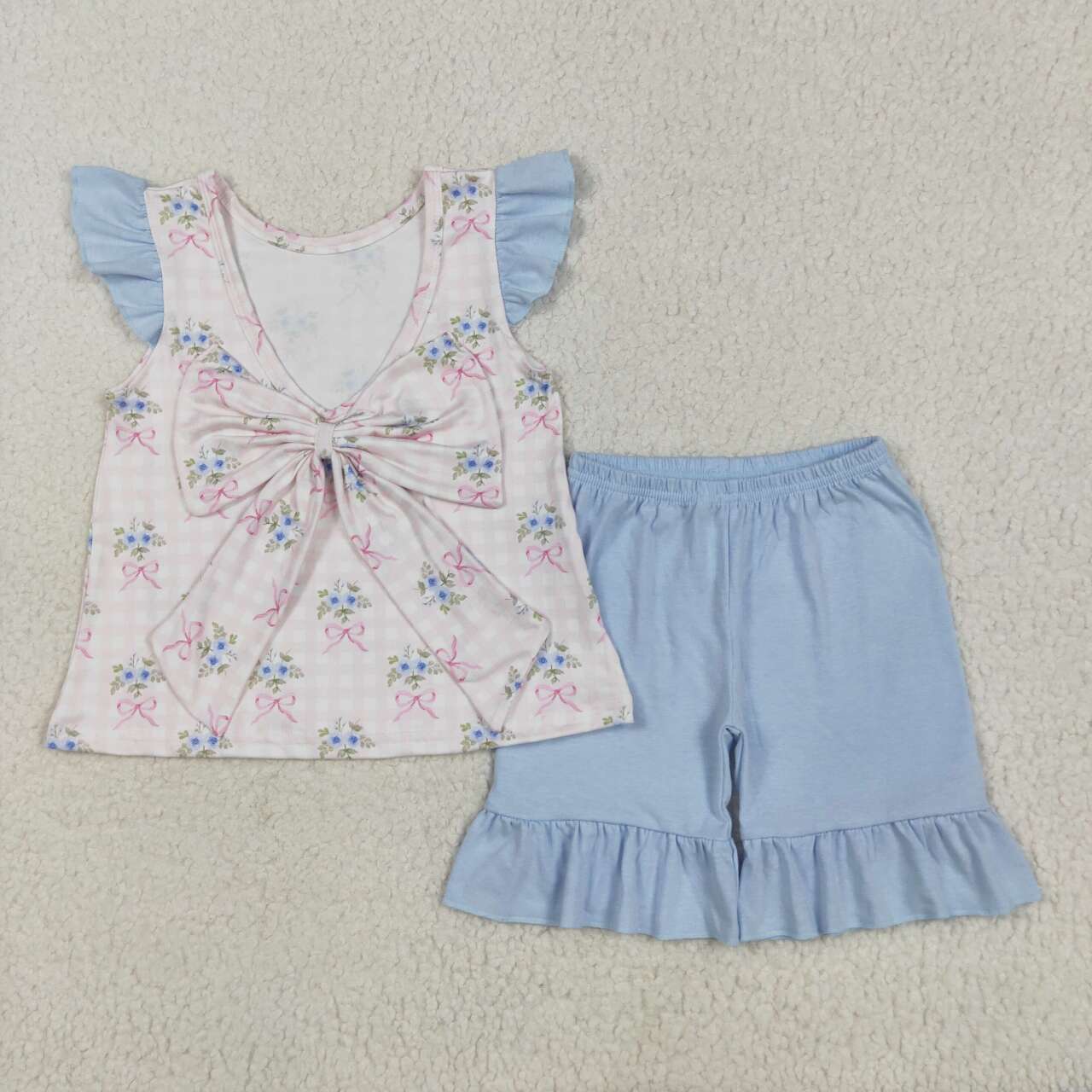 Baby girl pink bow floral top matching shorts summer outfit