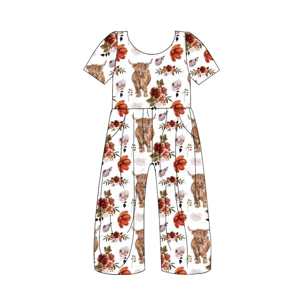 girls highland cow floral wide leg jumpsuit