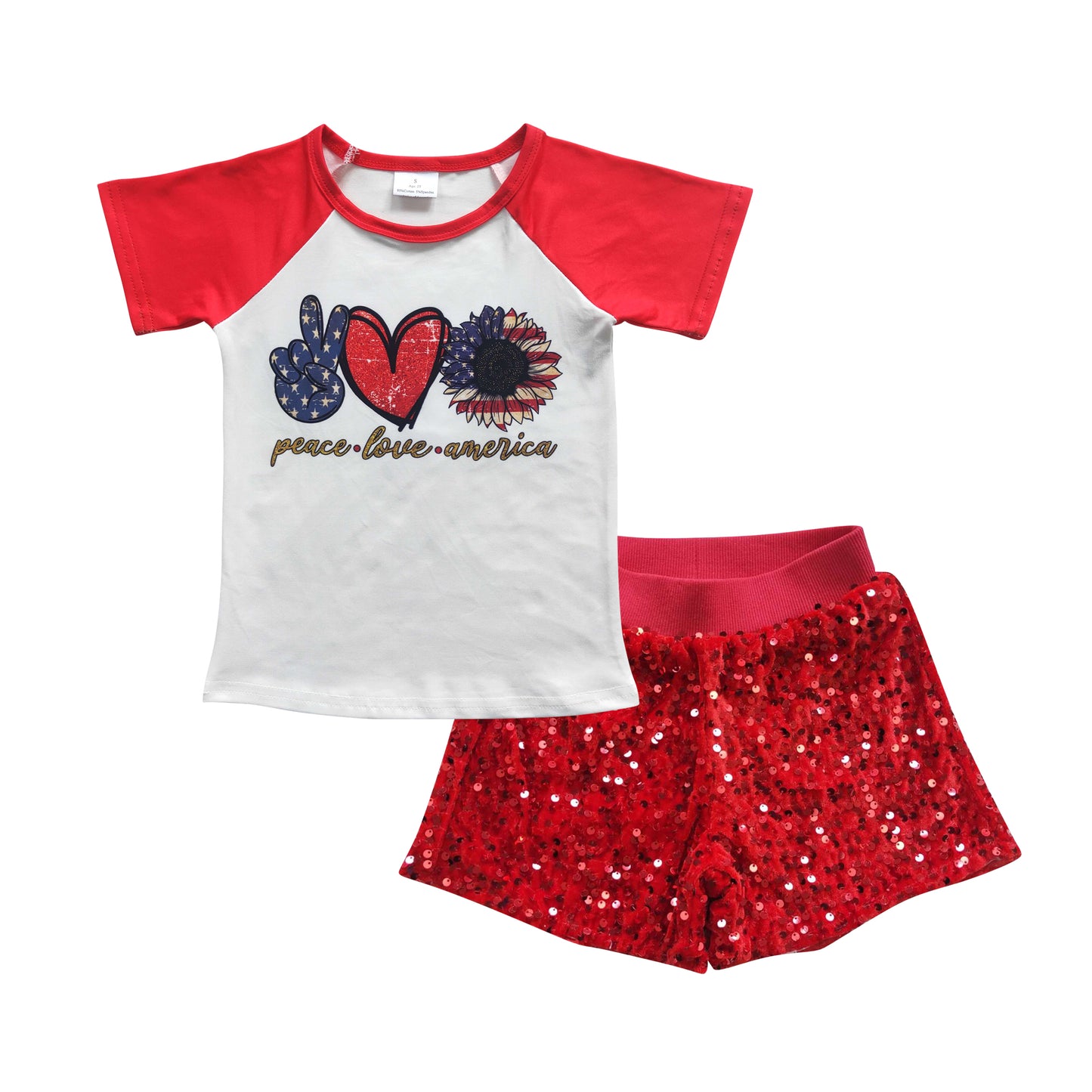 Peace love America top red sparking shorts July 4th clothing set