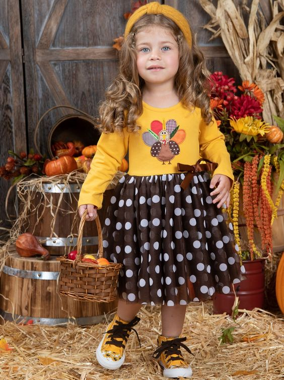 Thanksgiving turkey brown dot tulle dress, moq 3