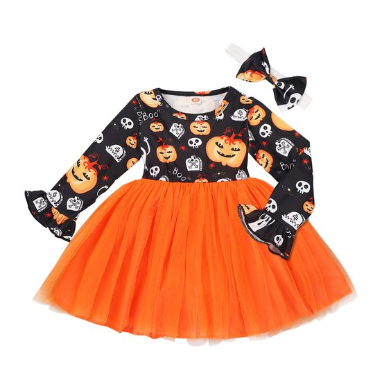 Halloween pumpkin ghost long sleeve tulle dress, moq 3