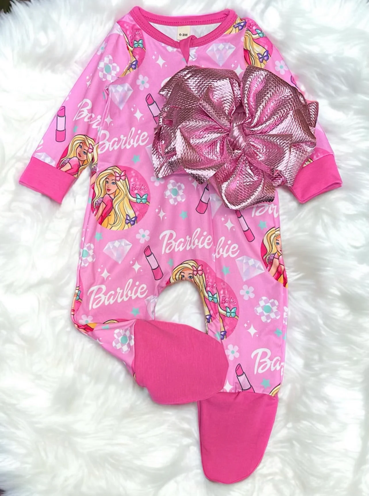 toddle girls long sleeve pink doll footie romper