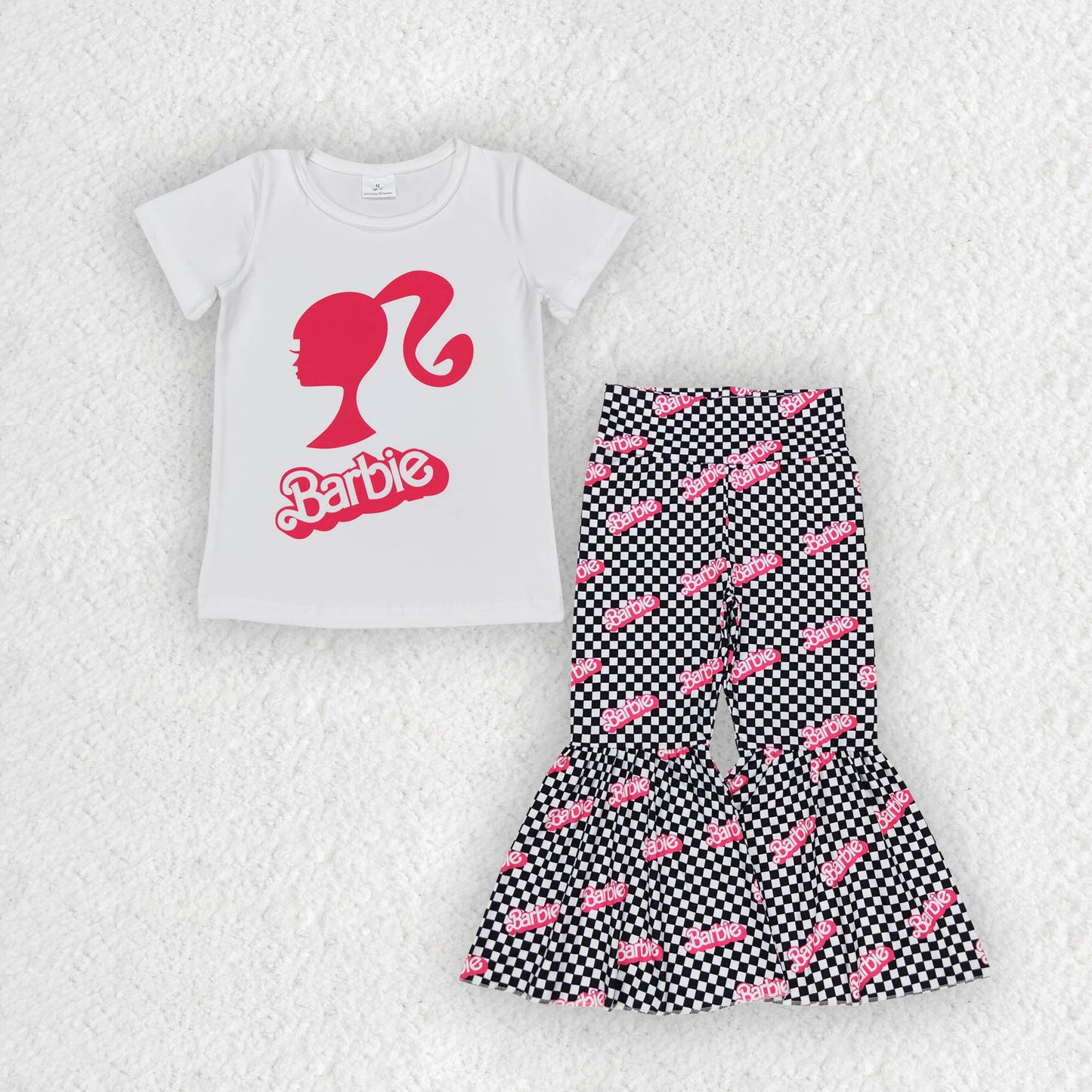 pink doll short sleeve top gingham bell pants clothes set