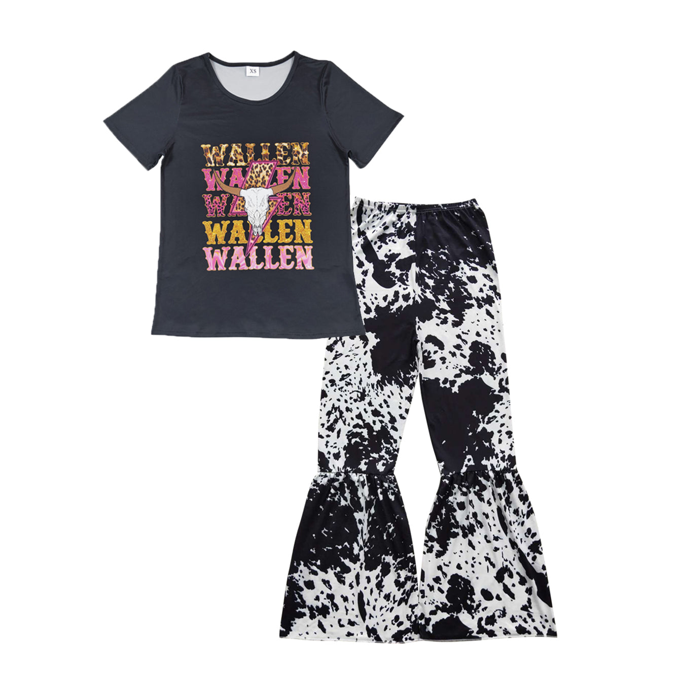 Adult women short sleeve cow top high waist flare pants milk silk bell bottoms outfit