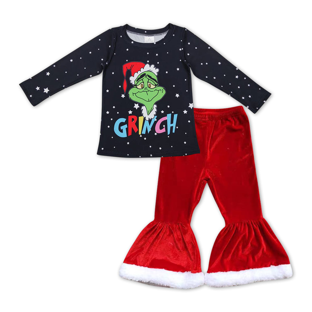 girls Christmas green face long sleeve red velvet pants outfit