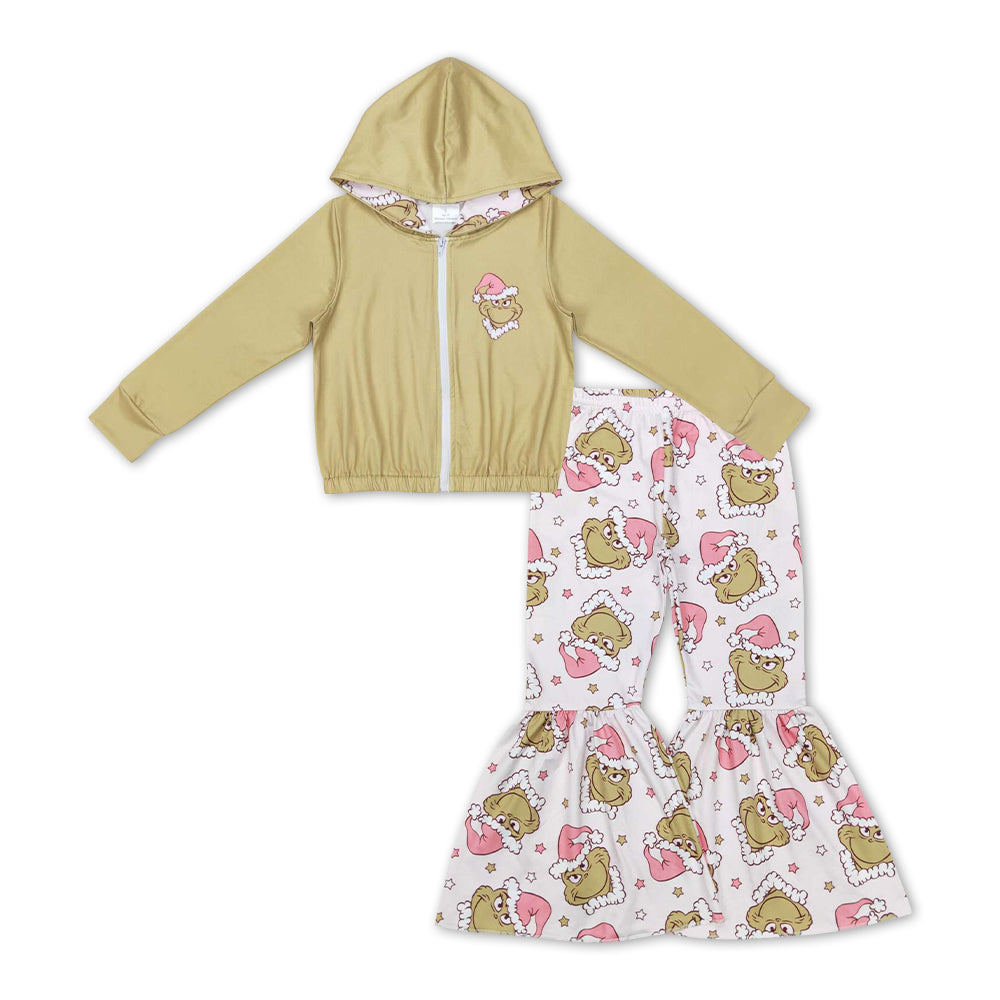 baby girls long sleeve green face coat top matching pants Christmas outfit