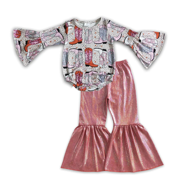 Infant toddle girls boots romper disco bell bottoms outfit