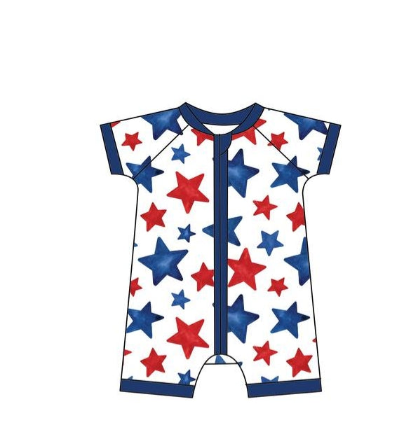 red blue star july 4th short sleeve zip romper