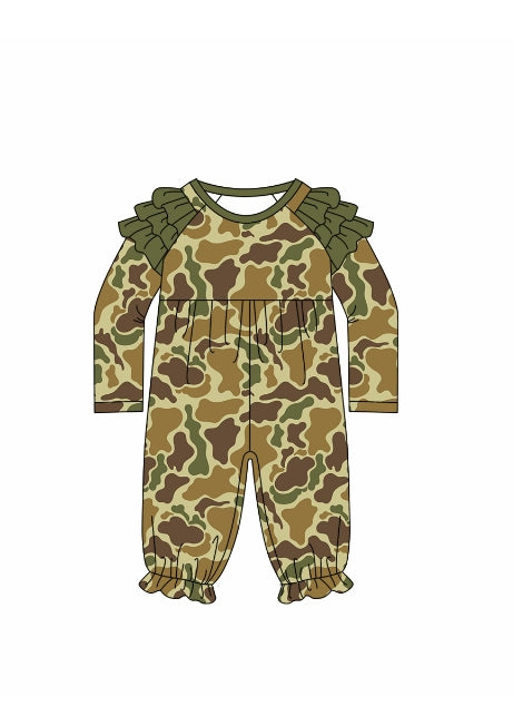 Toddle baby girl long sleeve green brown camo romper