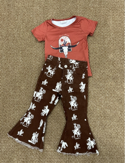 Toddle girls western cow shirt matching jeans bell bottoms clothes
