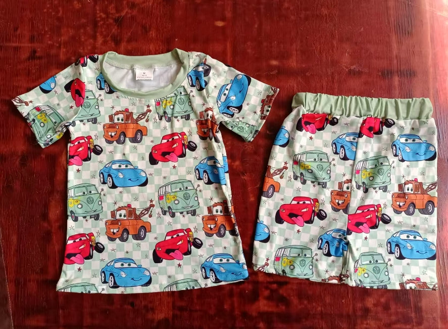 Baby boy cartoon car top matching shorts summer clothes