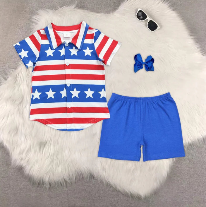 BT0196+SS0276 baby boy clothes Short Sleeve Top blue shorts sets