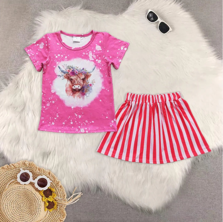 GT0212+GLK0029 Highland cow shirt red stripe skirt matching summer clothes