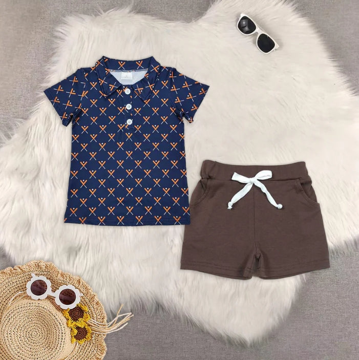 BT1120+SS0134 baby boy clothes navy blue short-sleeved top Brown pocket shorts sets