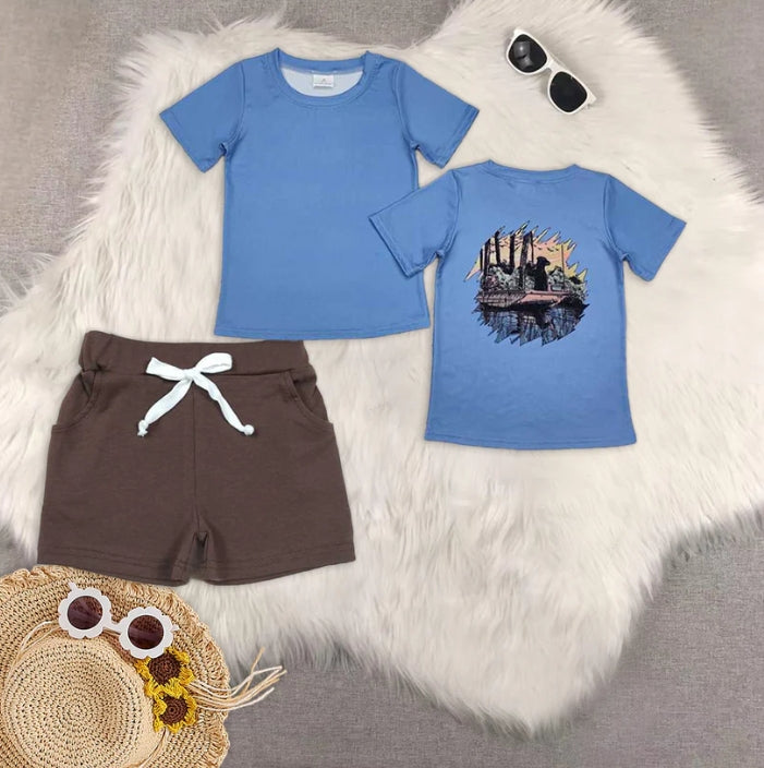 BT1082+SS0134 baby boy clothes blue short-sleeved top Brown pocket shorts