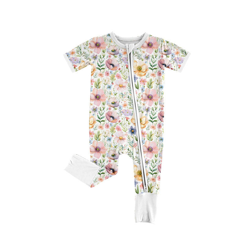 Floral design kids short sleeve zip romper