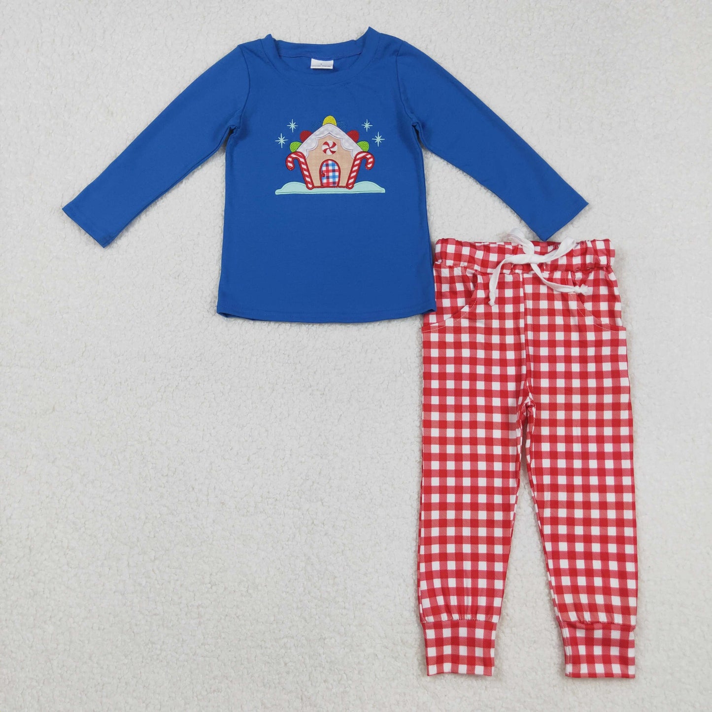 Kids girls embroidery Christmas house candy cane long sleeve outfit