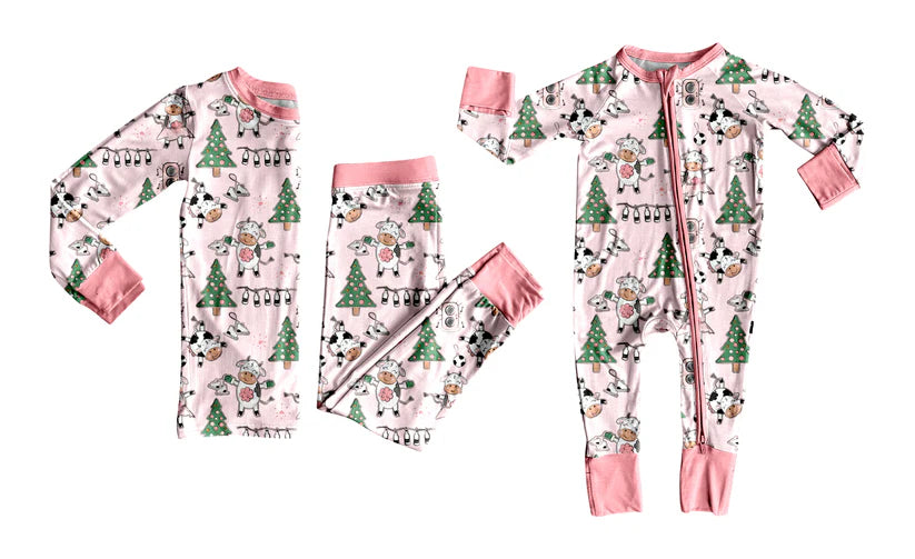 Christmas tree cow print baby long sleeve matching clothes whoesale price