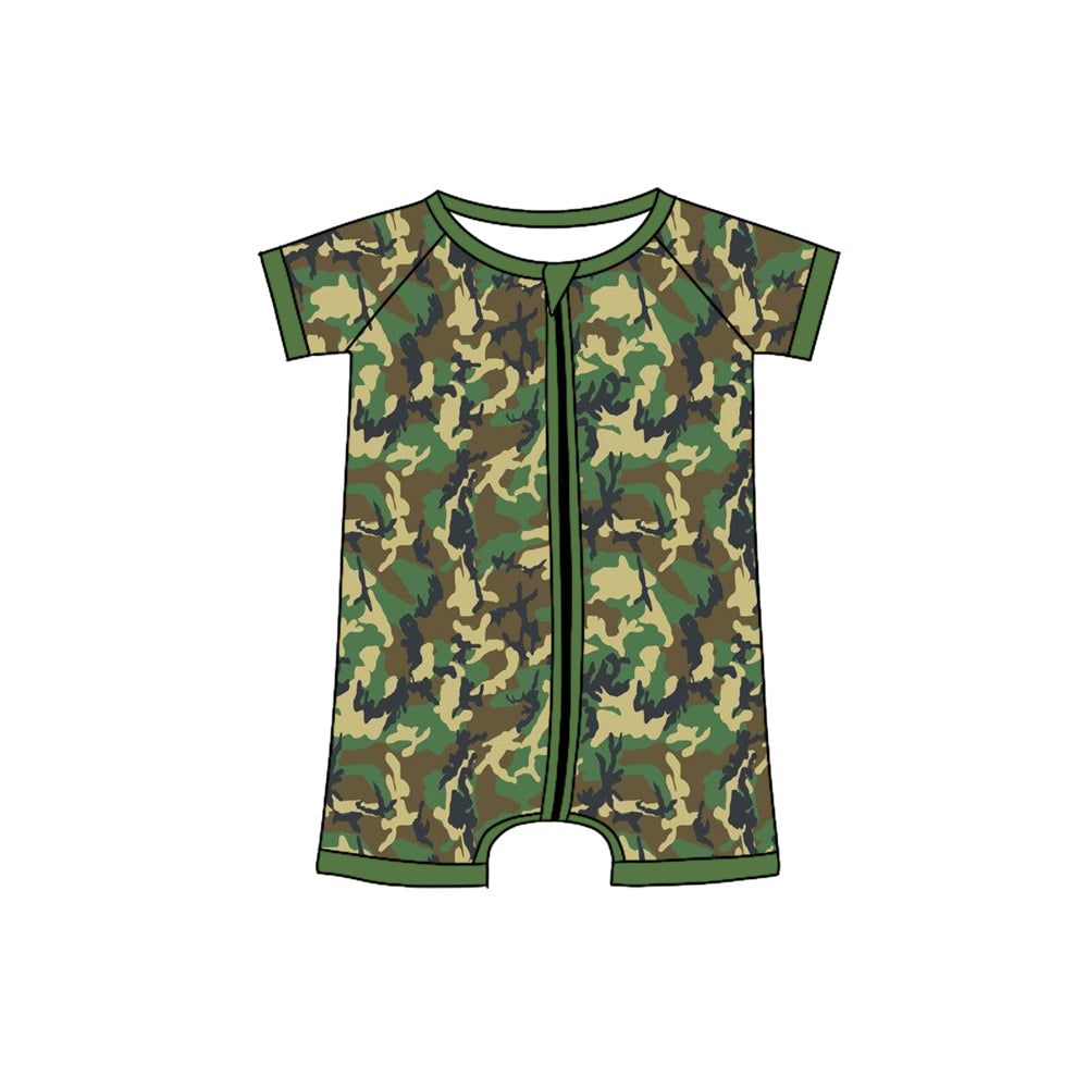 kids short sleeve green camo zip romper