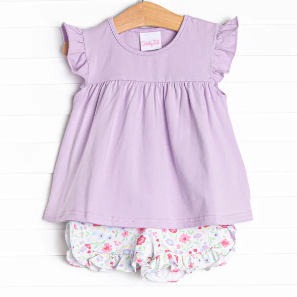 Baby girl lavender shirt floral shorts style outfit