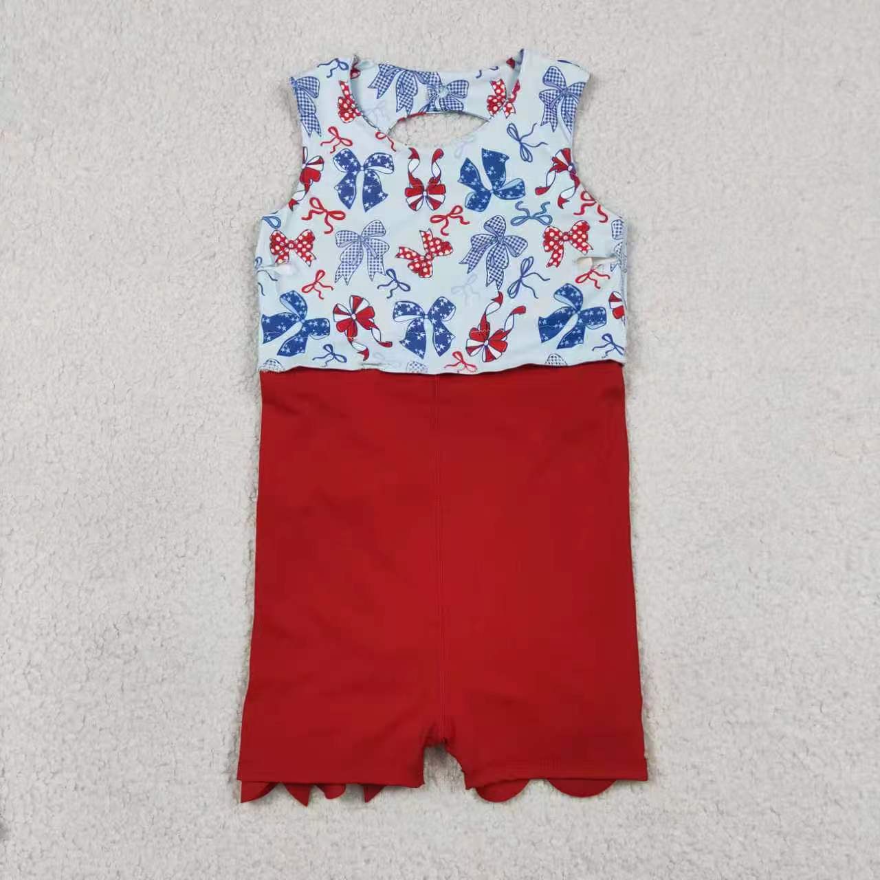 Red blue bow print girls summer active wear set