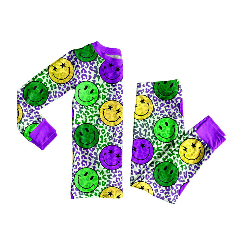 Smile face leopard kids long sleeve pajama set wholesal factory price